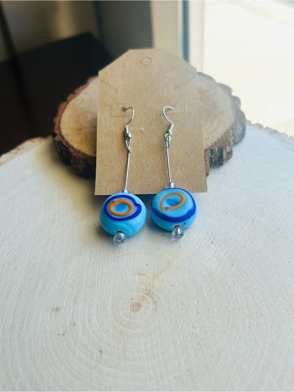 Blue Swirl Glass Bead Drop Earrings - Picture 5 of 6